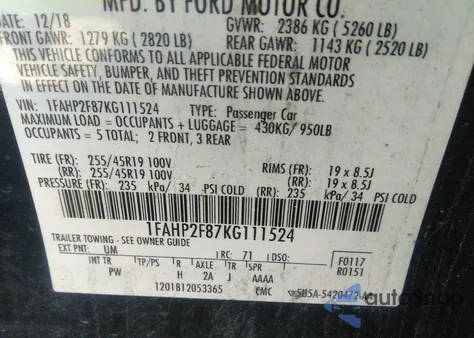 2019 Ford Taurus Limited z USA, uszkodzony, nr VIN 1FAHP2F87KG111524